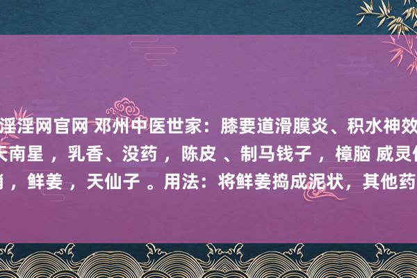 淫淫网官网 邓州中医世家:膝要道滑膜炎、积水神效方构成:怀牛膝 ,天南星 ,乳香、没药 ,陈皮 、制马钱子 ,樟脑 威灵仙 ,芒硝 ,鲜姜 ,天仙子 。用法:将鲜姜捣成泥状,其他药物共研末,和姜泥一齐调均,...